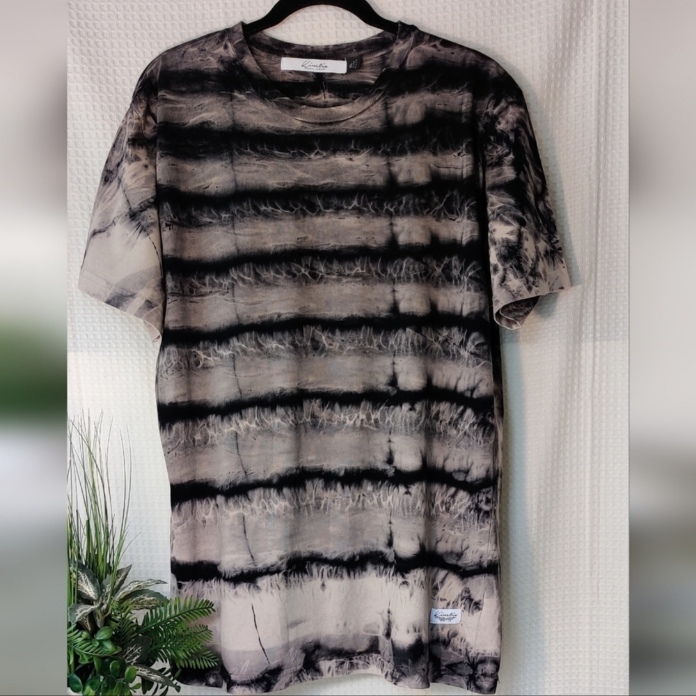 Kinetrix Casual Luxury Men's Blk &Tan Striped Tie-Dye Short Sleeve Shirt Size XL